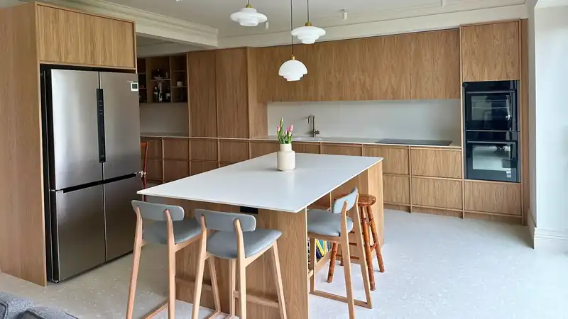 Completed Japandi oak veneer kitchen by JS DECO in Leeds