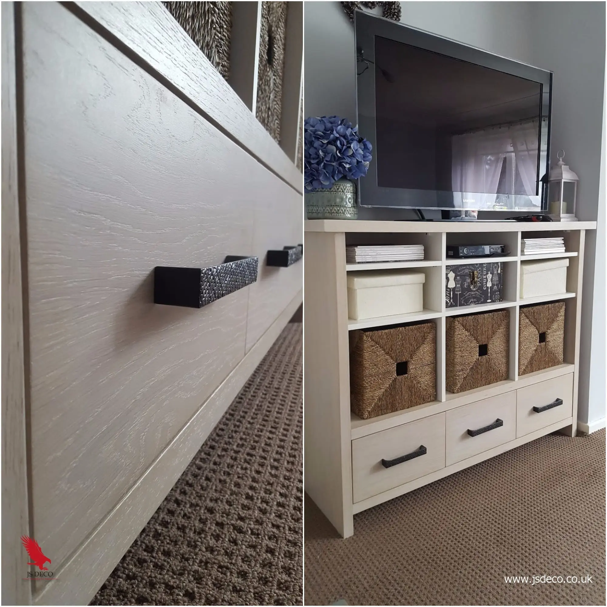 Bespoke oak veneer TV media unit with deep drawers and black handles custom made in West Yorkshire