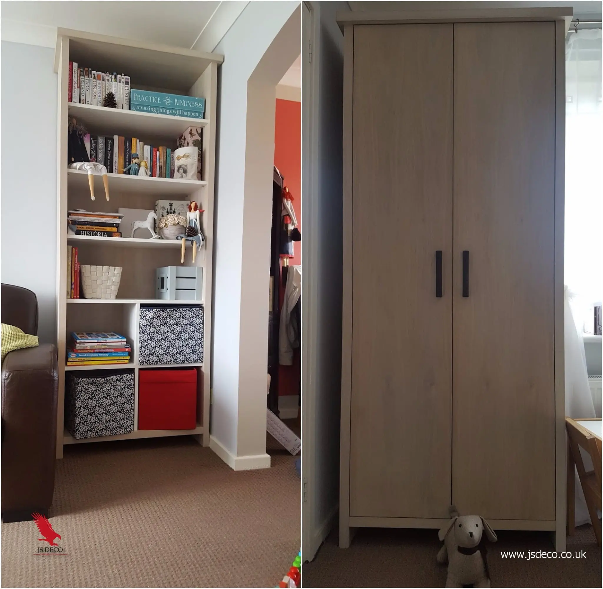 Bespoke oak veneer alcove bookcase and tall storage cabinet with black handles custom made in West Yorkshire