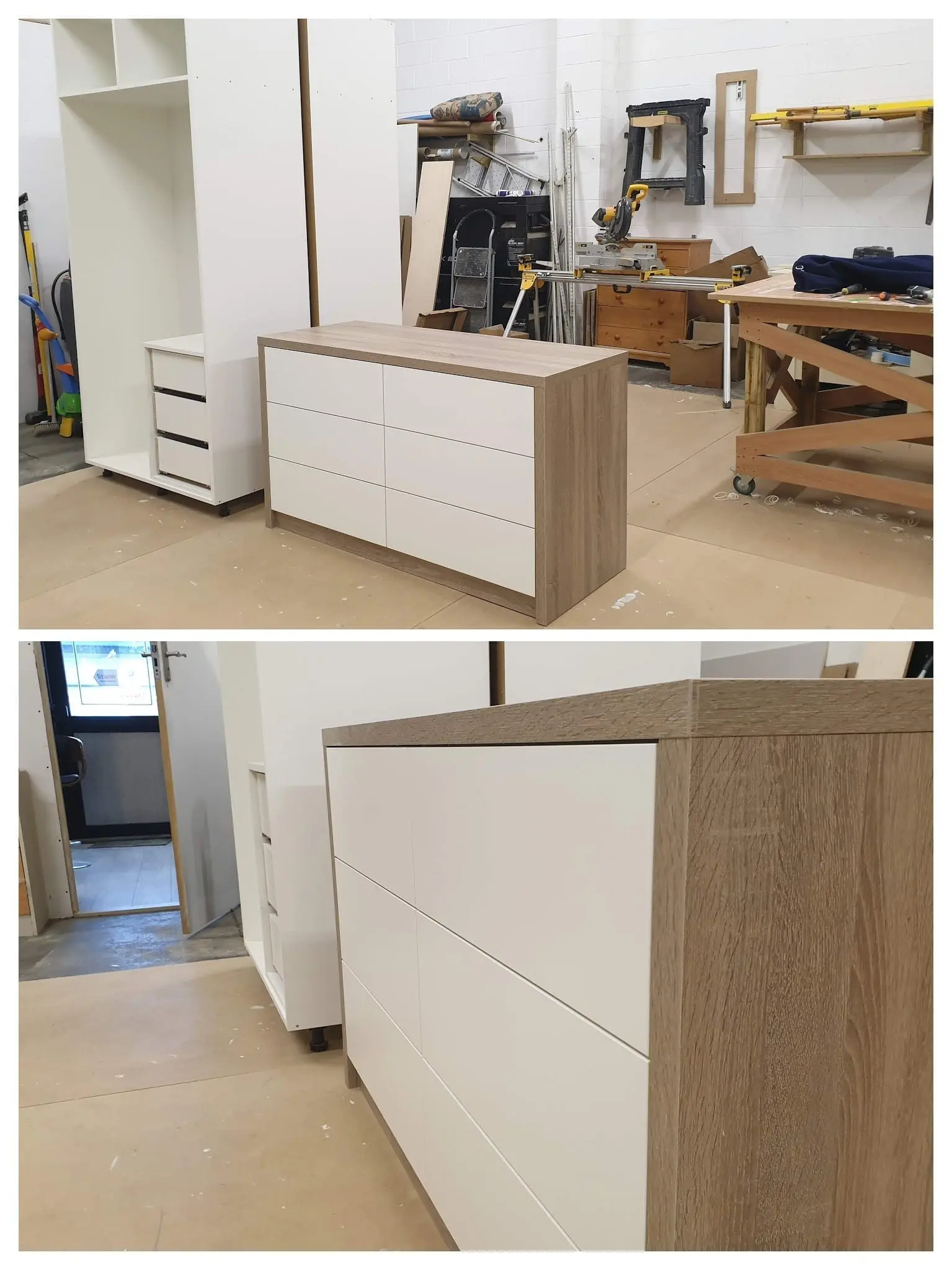 Bespoke bedroom furniture units in production inside the JS DECO workshop in Wakefield
