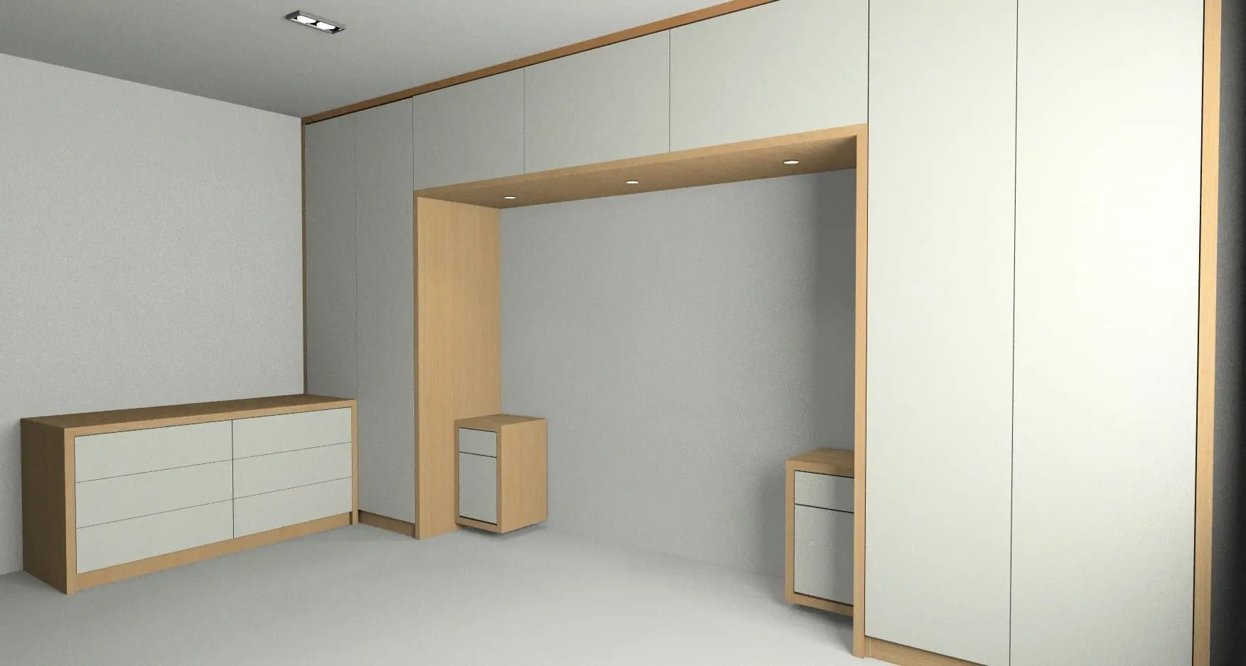 3D render showing fitted bedroom furniture with built-in wardrobes, oak frames and matching drawers