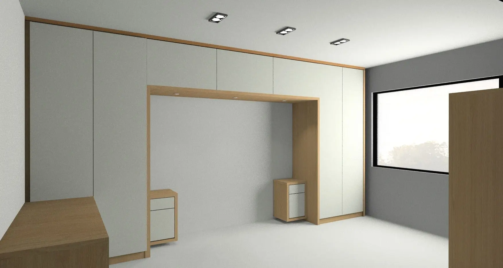 3D rendering of fitted bedroom furniture with oak framing and built-in wardrobe units