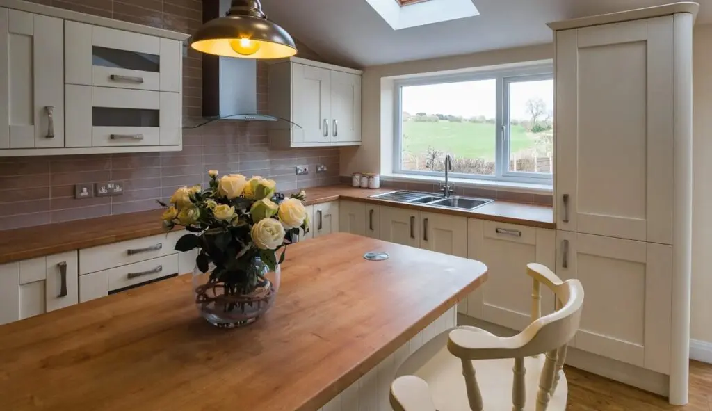 Classic Shaker style ivory kitchen with oak worktop island and skylight in Pudsey Leeds.