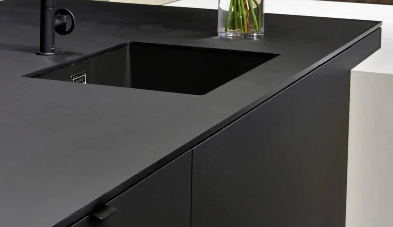 FENIX NTM 12 mm solid laminate worktop with integrated undermount sink and ultra-matt black finish.