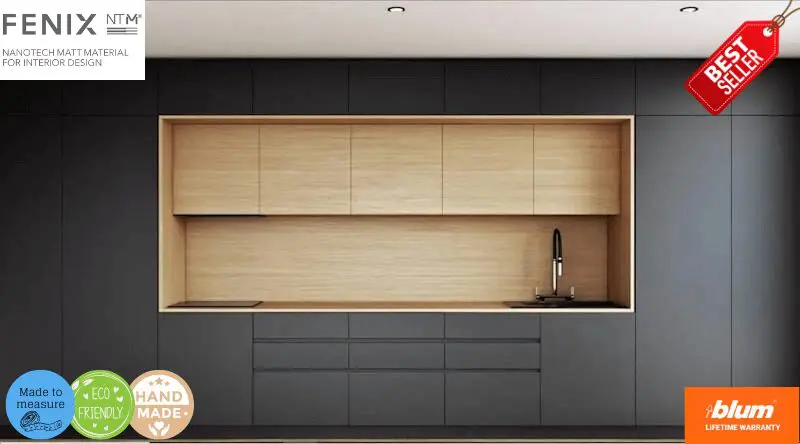 Modern bespoke kitchen by JS DECO featuring FENIX NTM matte black nanotech laminate and oak veneer accents, handcrafted in the UK with Blum components.