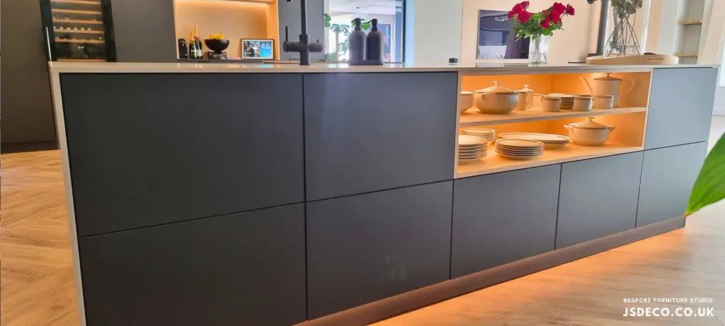 Black FENIX island with illuminated open shelves
