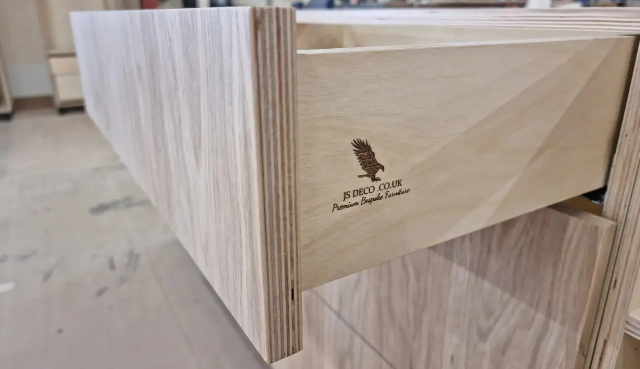 Birch plywood cabinet carcass with exposed ply edges, handcrafted in the JS DECO workshop.