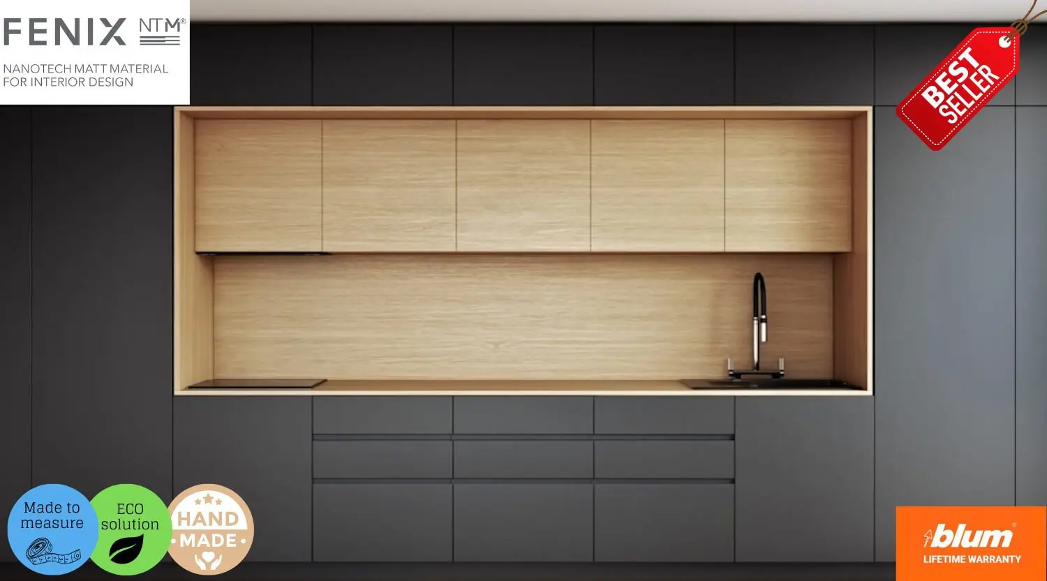 Fenix NTM matte black handleless kitchen with contrasting wood-effect niche, featuring nanotech anti-fingerprint surfaces and Blum lift systems.