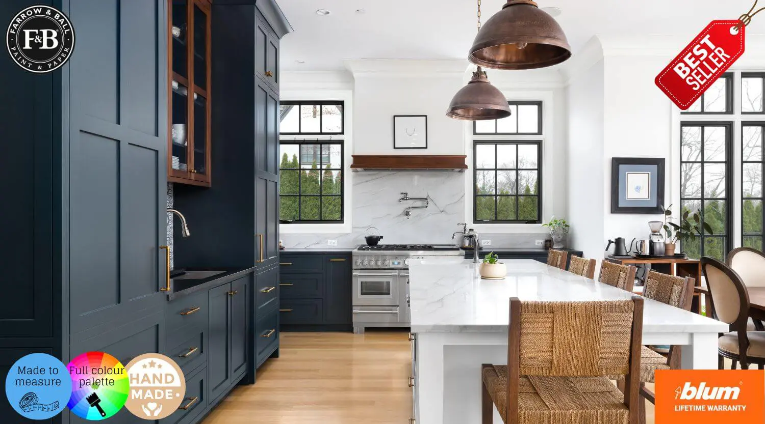 Hand painted bespoke kitchen in dark blue Farrow & Ball finish featuring classic shaker cabinetry, marble island, and premium Blum hardware.