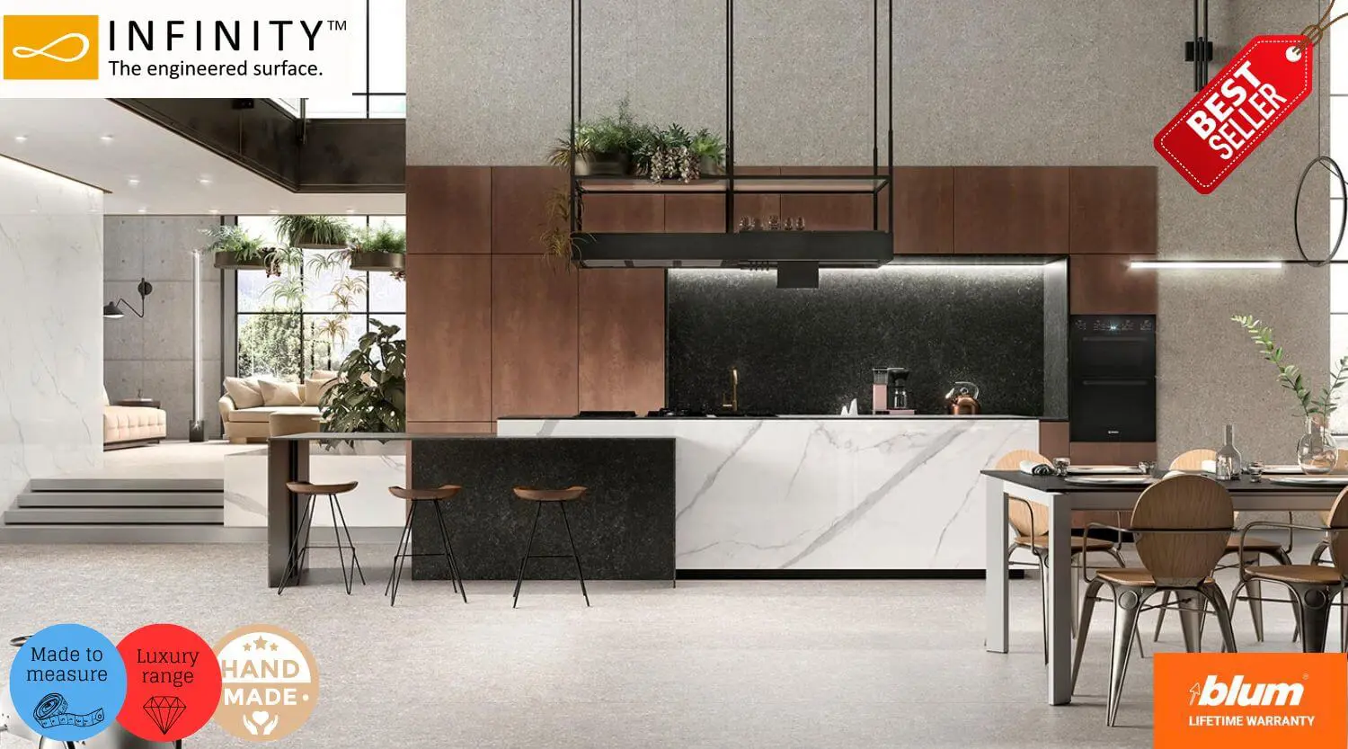 Bespoke Infinity ceramic kitchen featuring industrial rust-effect tall units, a white marble-style porcelain island, and suspended black shelving with Blum hardware.