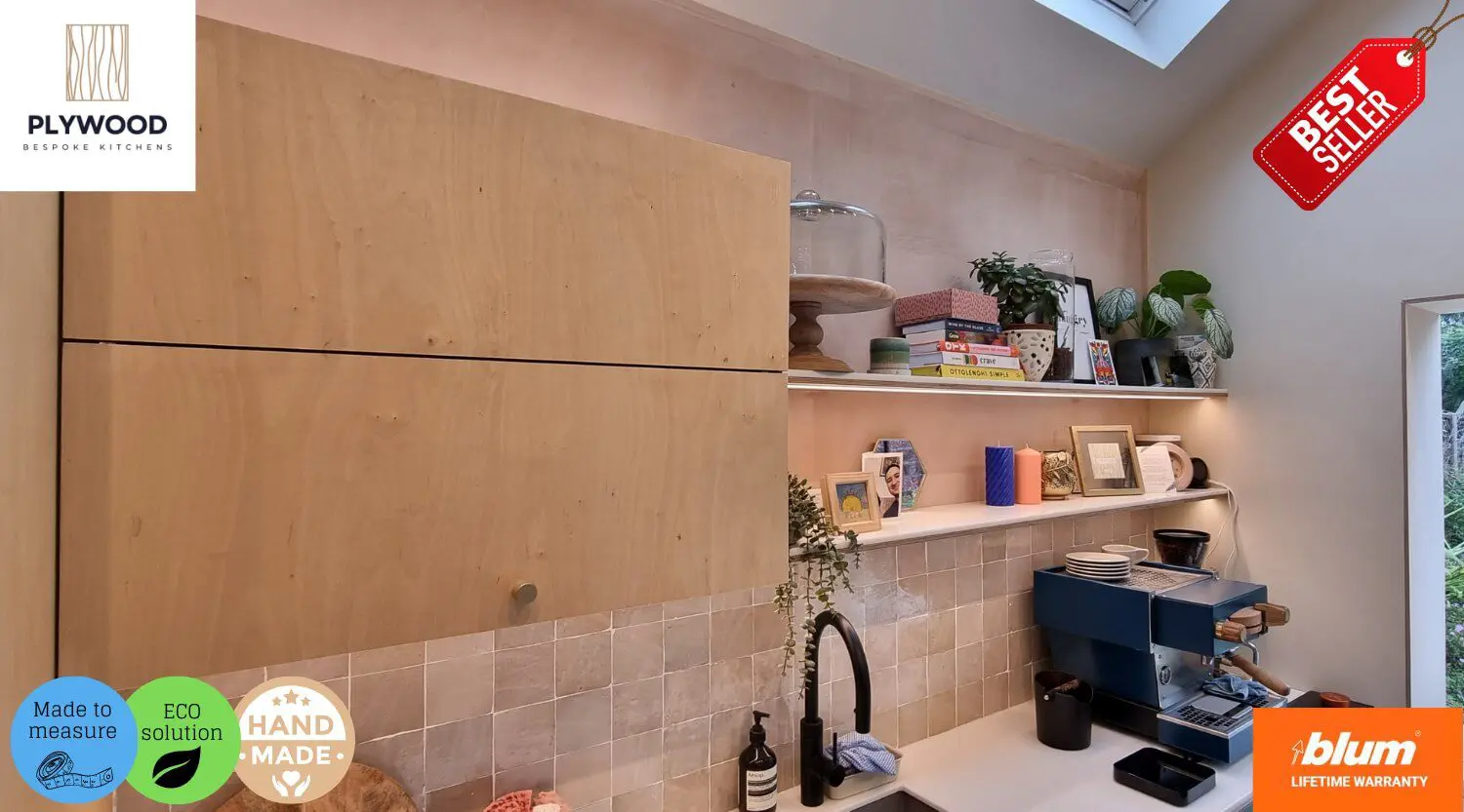 Bespoke birch plywood kitchen wall unit with natural grain finish, open shelving, and eco-friendly craftsmanship by JS Deco.