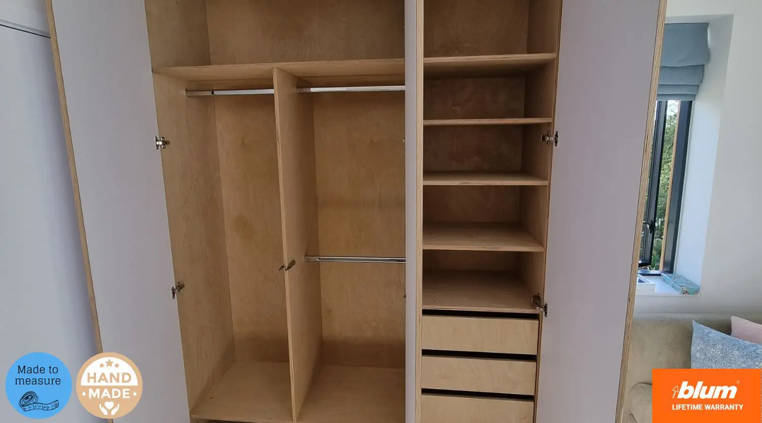 Plywood bespoke fitted wardrobe interior – Wakefield UK Bespoke plywood fitted wardrobe interior with shelves and drawers – Wakefield West Yorkshire UK