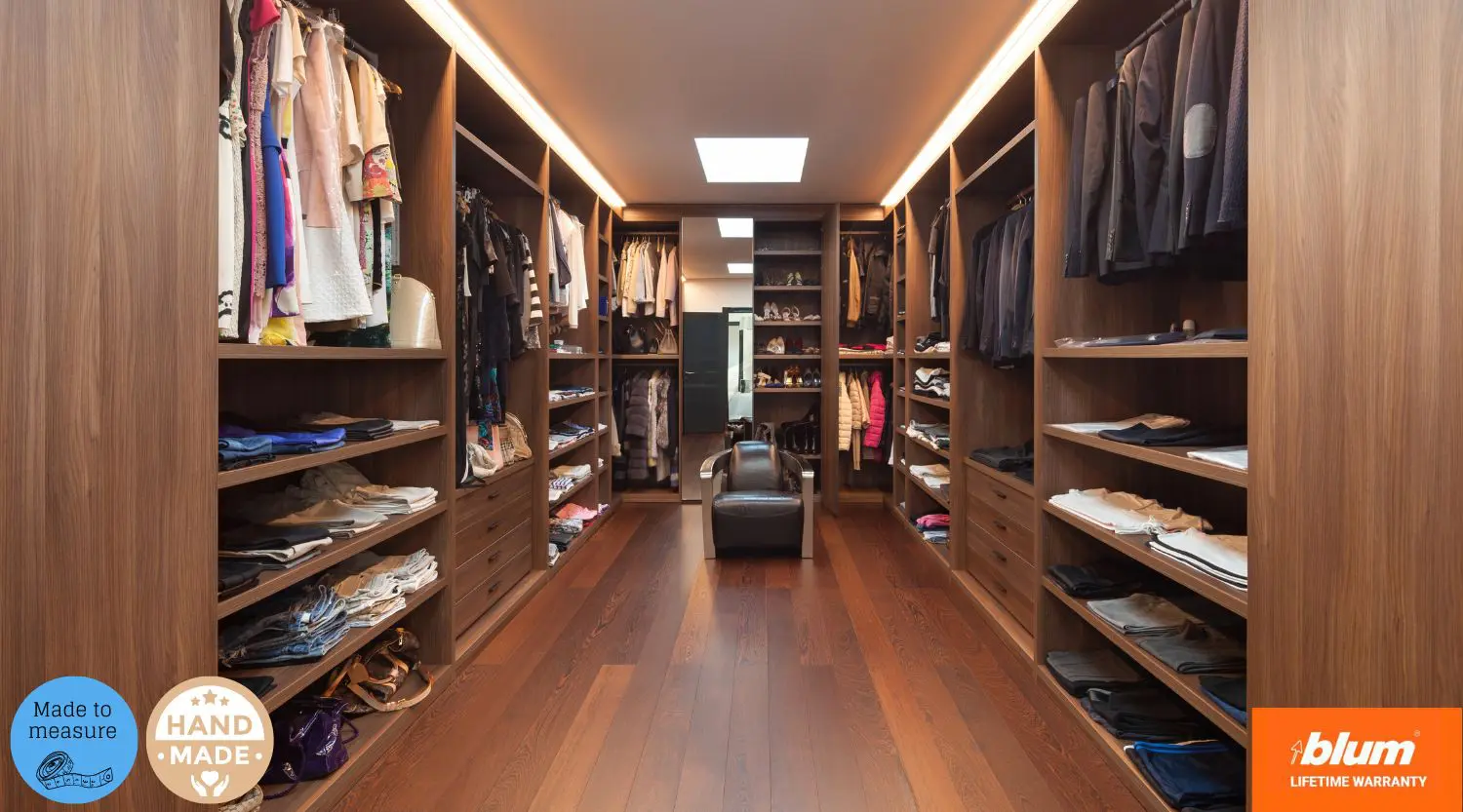 Bespoke walk-in fitted wardrobe – Wakefield UK Luxury bespoke walk-in fitted wardrobe with open shelving – handcrafted in Wakefield West Yorkshire UK