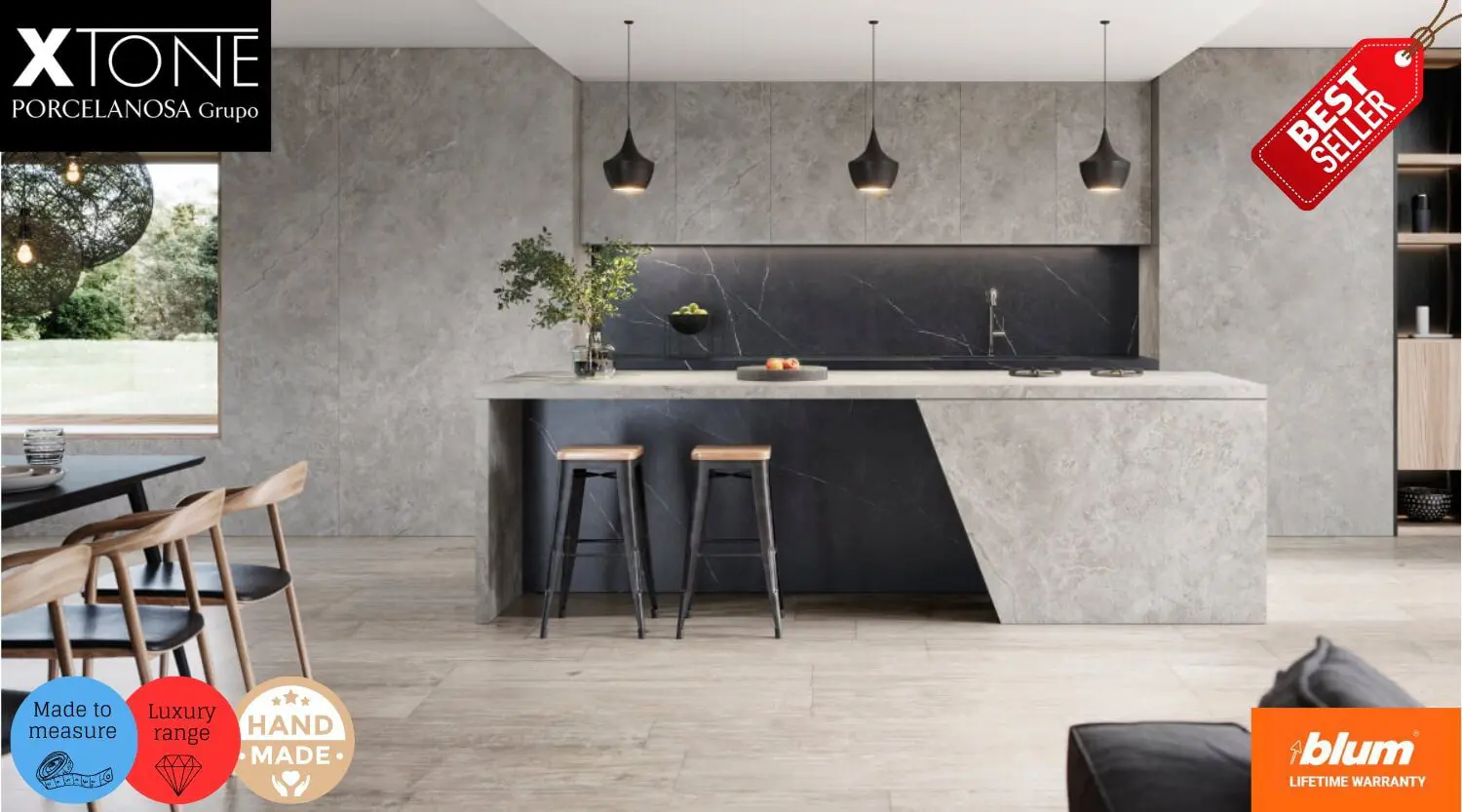 Bespoke XTONE ceramic kitchen island with geometric grey stone cladding by Porcelanosa, featuring a luxury modern design and integrated Blum hardware.