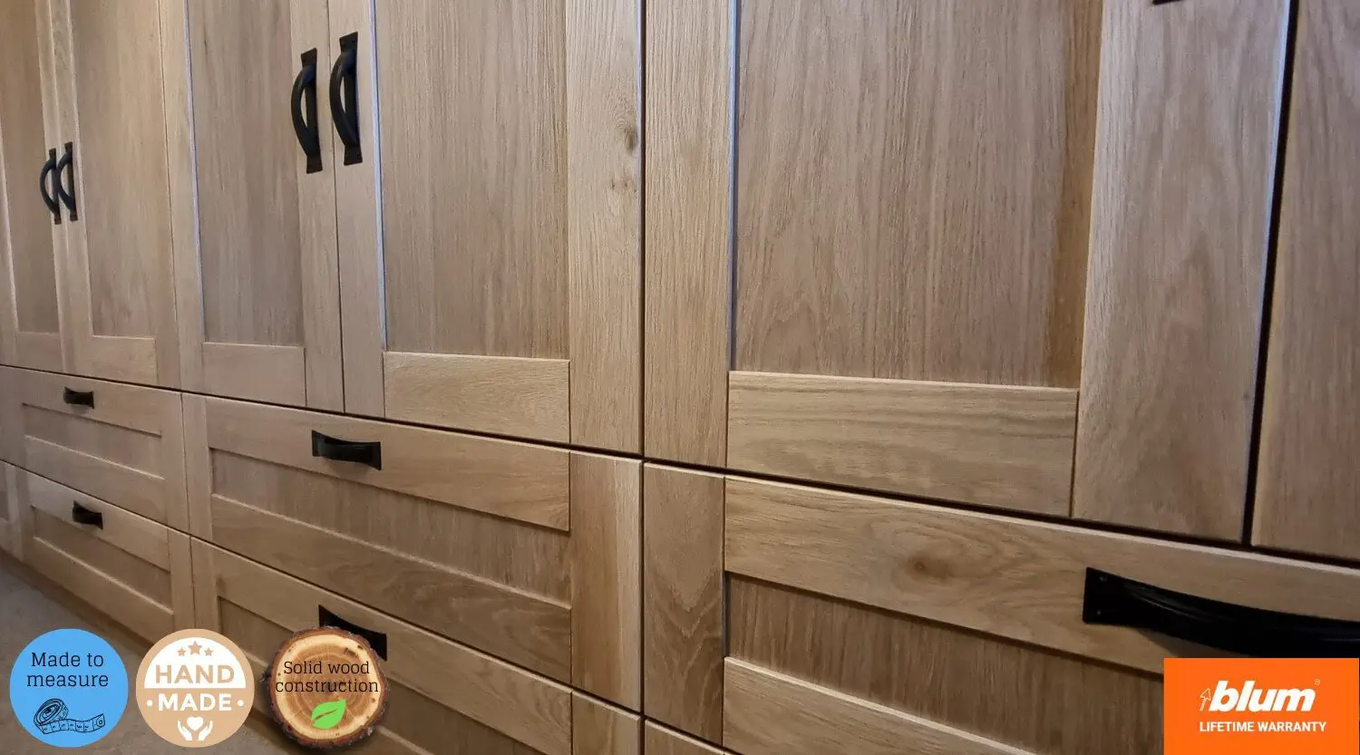 Solid oak bespoke fitted wardrobes – Wakefield UK Bespoke solid oak fitted wardrobes with shaker drawers – handcrafted in Wakefield West Yorkshire UK