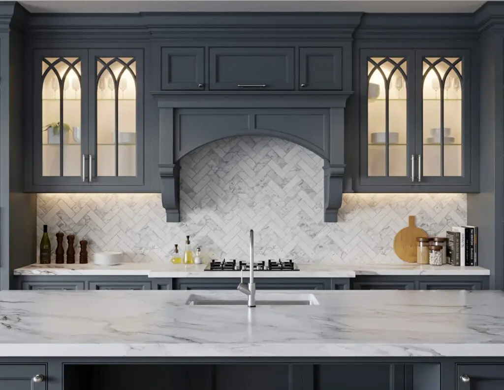 Hand made dark grey kitchen inspiration with glazed cabinets