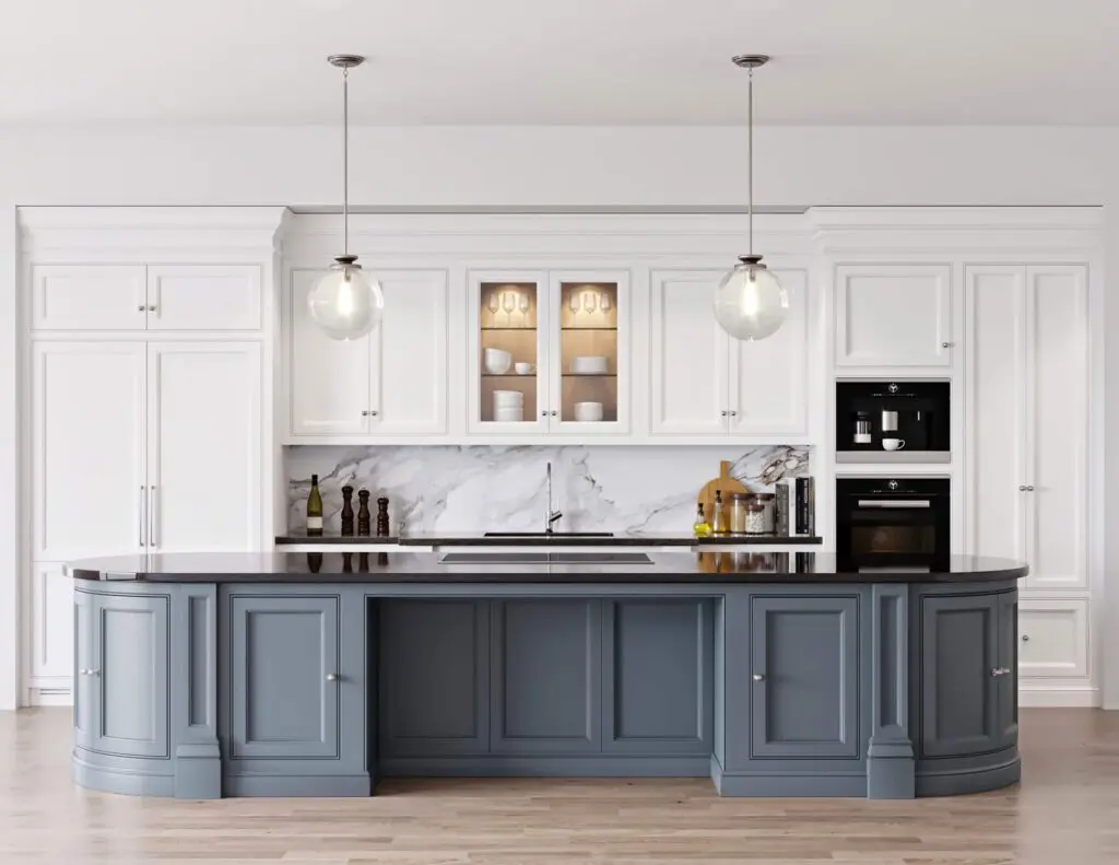 Large Hand made traditional white kitchen with dark grey island