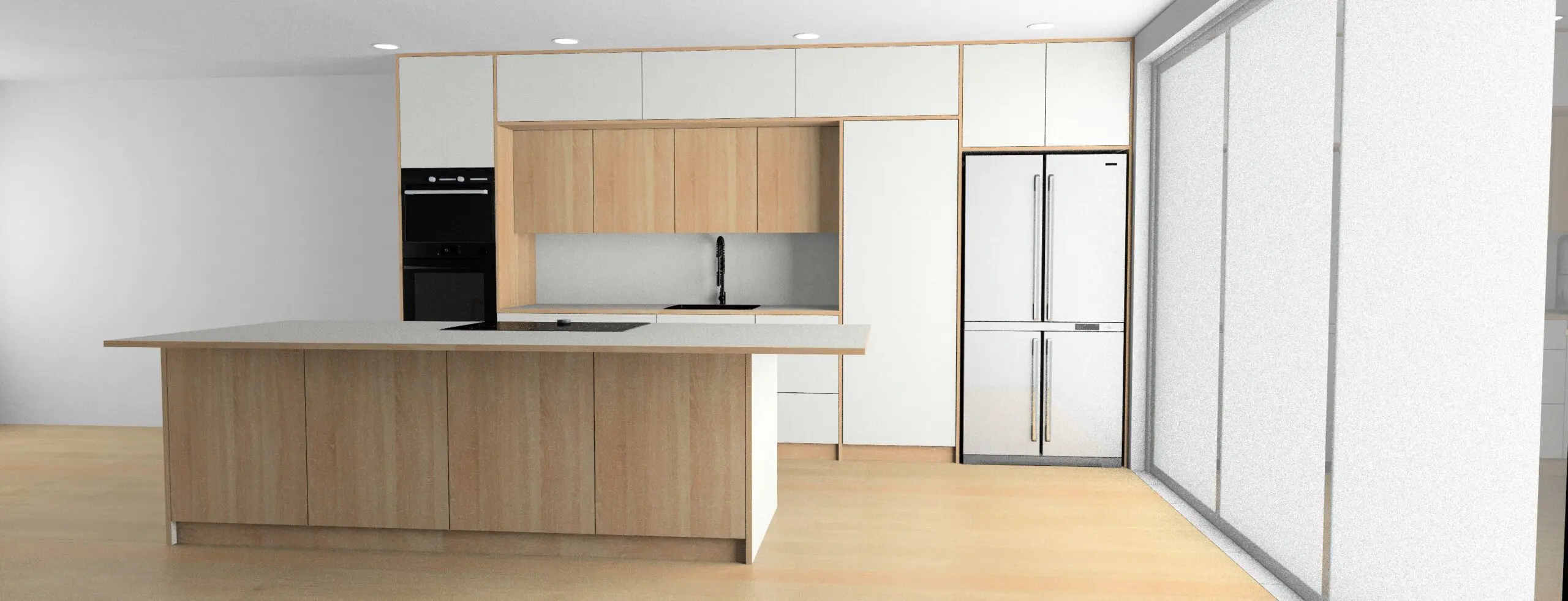 3D design render of Scandinavian kitchen with island featuring oak veneer cabinets and minimalist layout Bristol