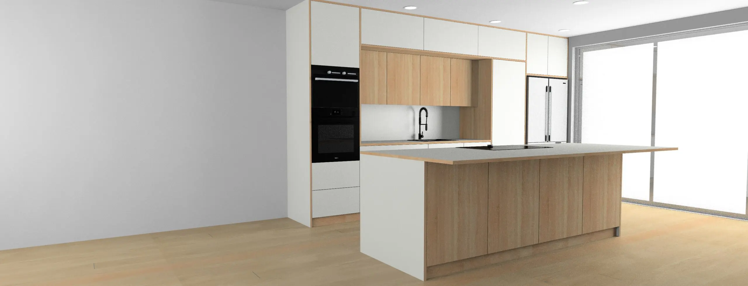 Minimalist kitchen island 3D design showing Scandinavian style layout with oak veneer and white cabinets Bristol