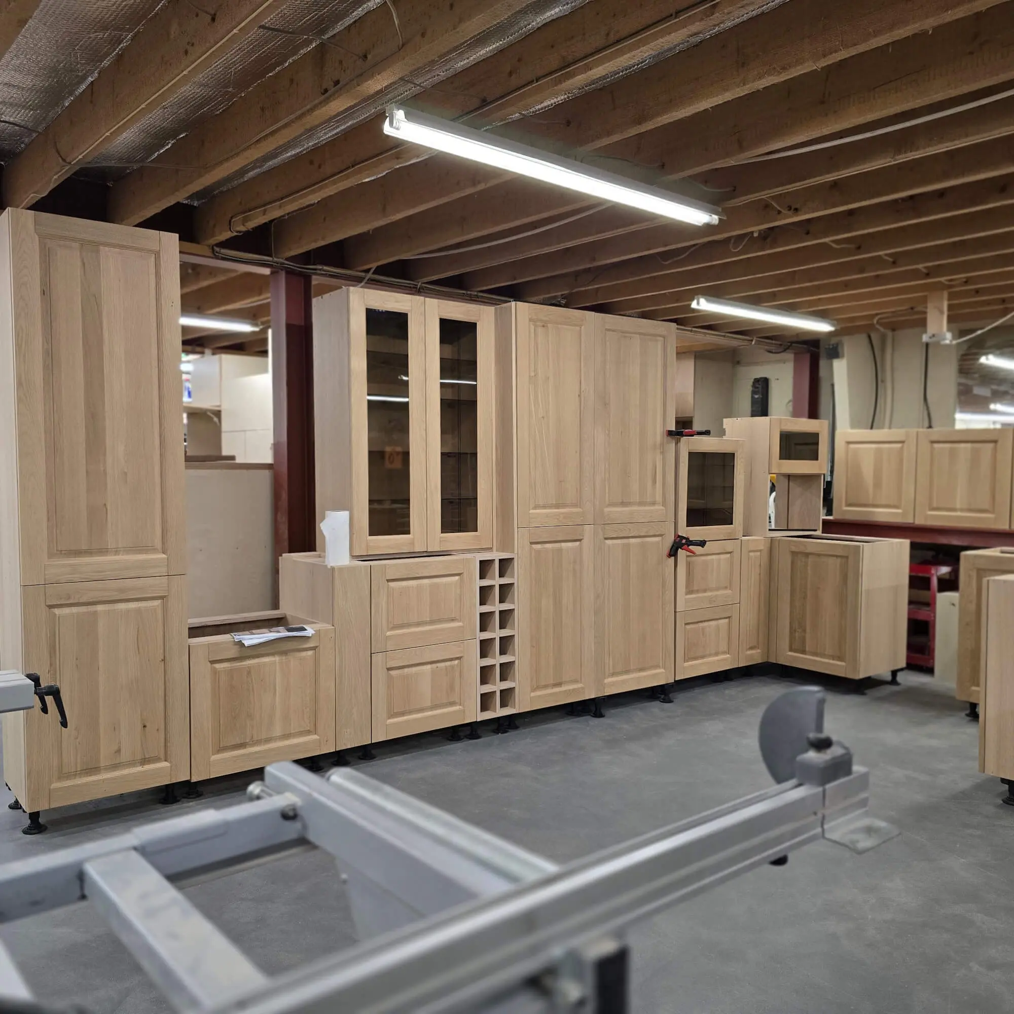 Hand made solid oak kitchen units assembled in JS DECO workshop before installation in Huddersfield