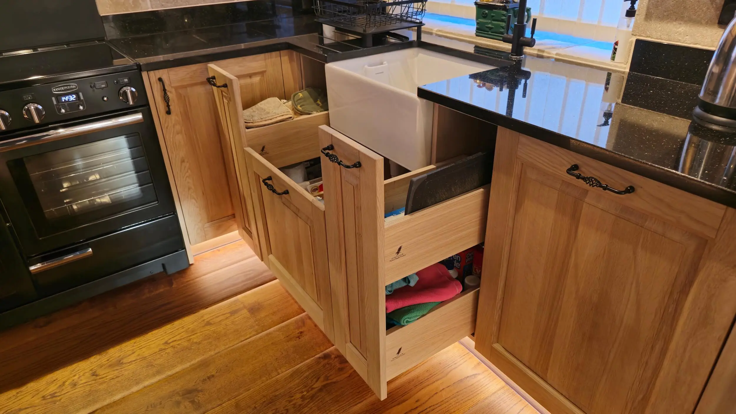 Hand made solid oak kitchen drawers with traditional joinery and Belfast sink in Huddersfield