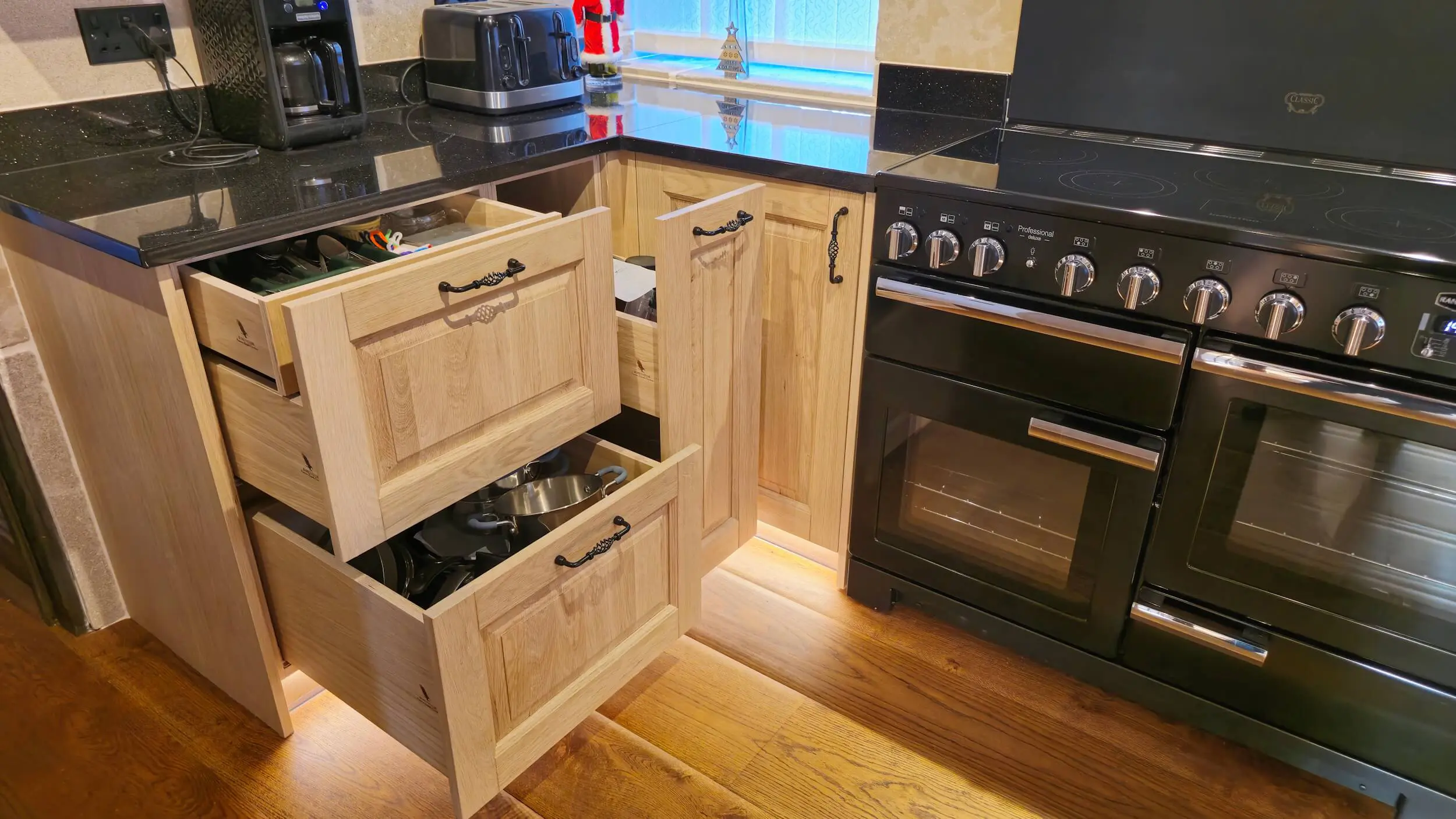 Hand made solid oak kitchen drawer storage system showing traditional craftsmanship in Huddersfield