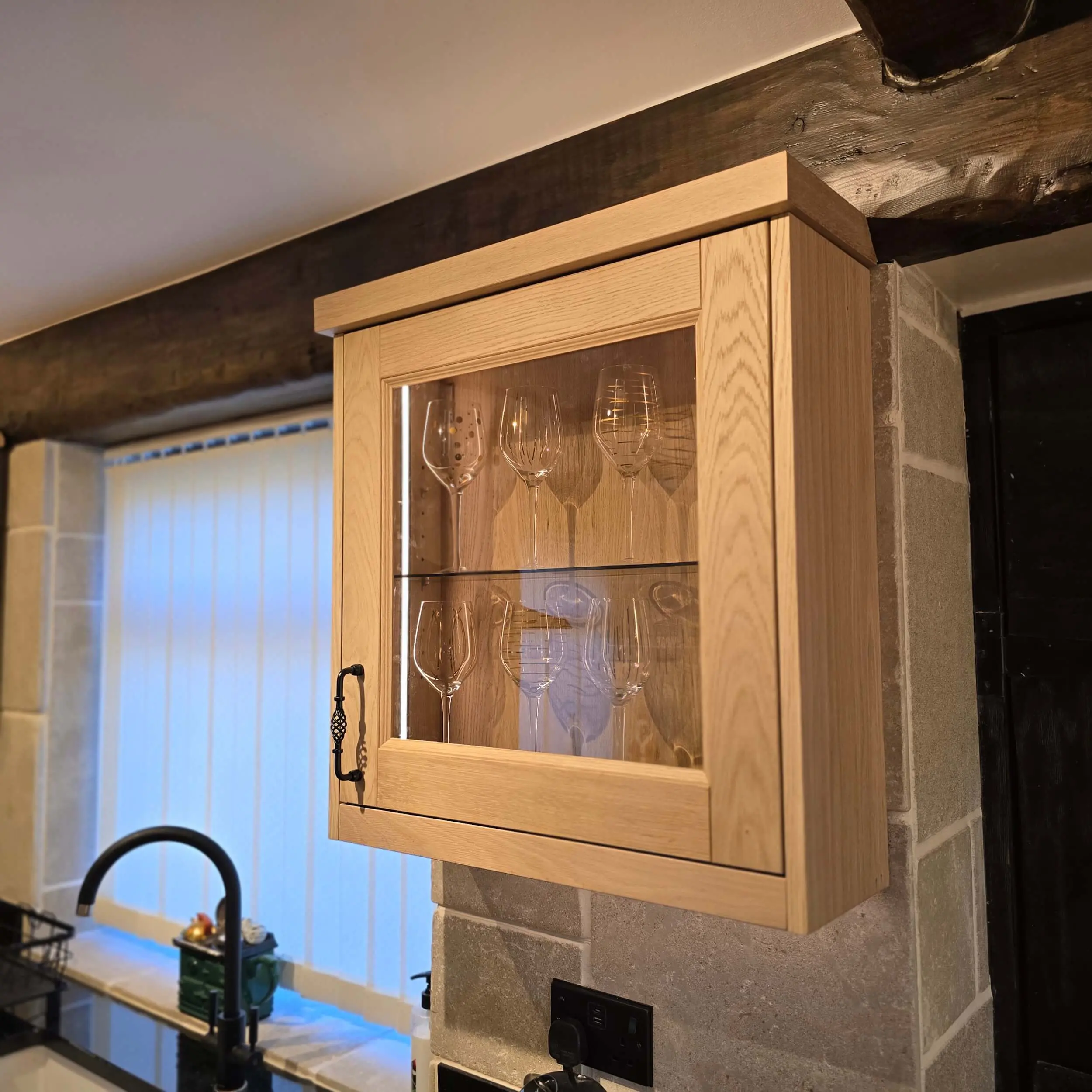 Hand made solid oak kitchen glass display cabinet with LED lighting and ogee door frame