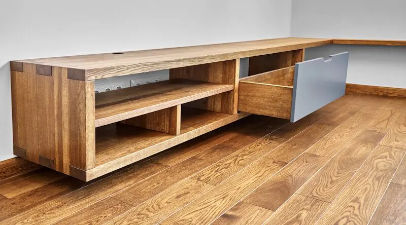 Custom oak freestanding media and storage unit with drawers and open shelves, handcrafted by JS DECO.