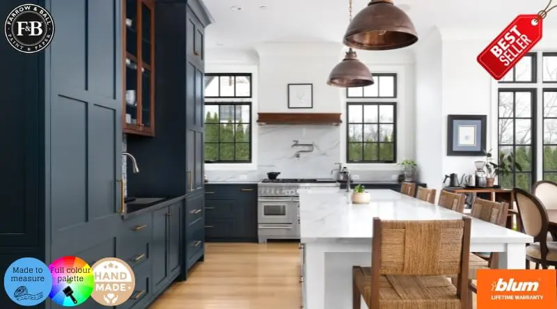 Luxury hand-painted kitchen in shaker style by JS DECO, featuring Farrow & Ball deep blue finish, marble worktop, and bespoke cabinetry with Blum components.