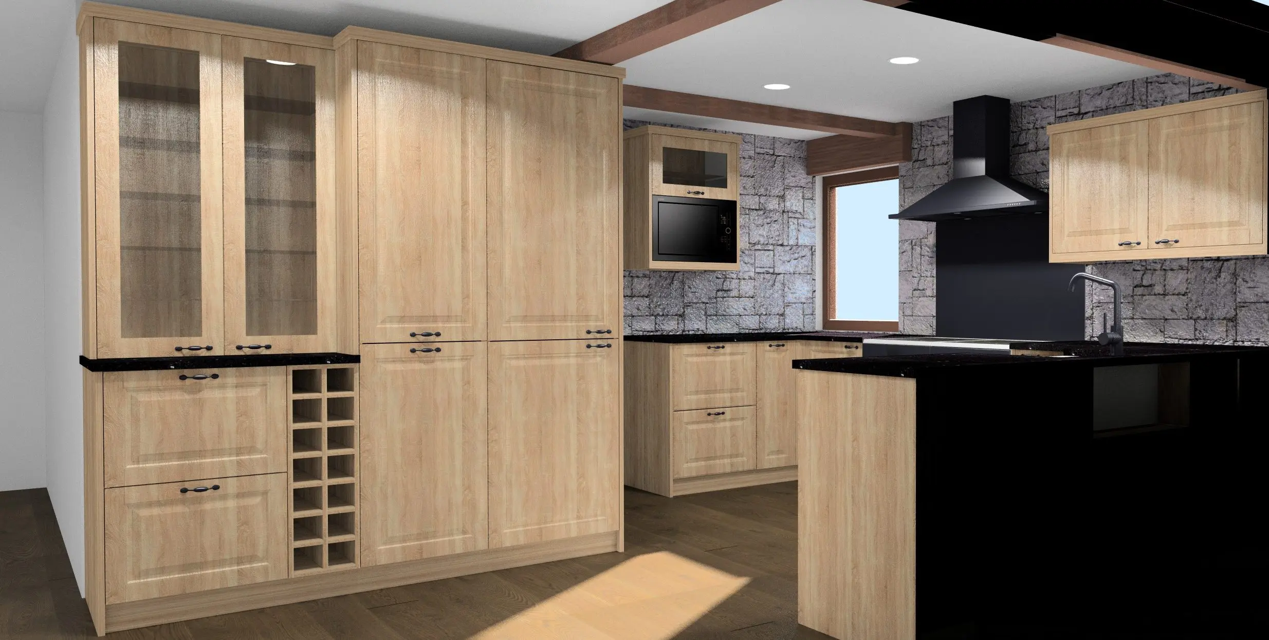 Complete 3D kitchen design render showing hand made oak shaker cabinets with wine rack storage