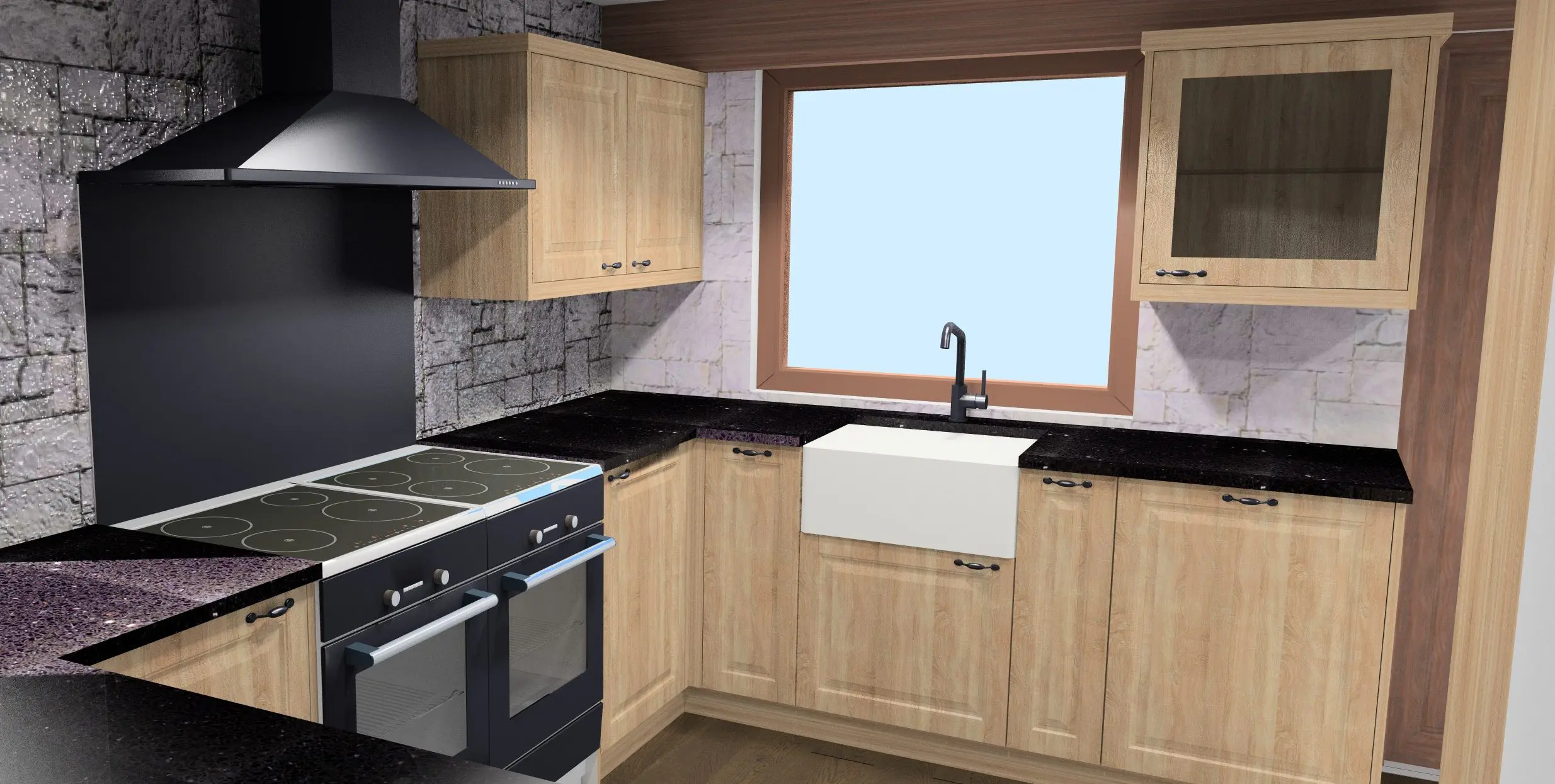 Traditional oak kitchen design showing Belfast sink and shaker cabinets in 3D render