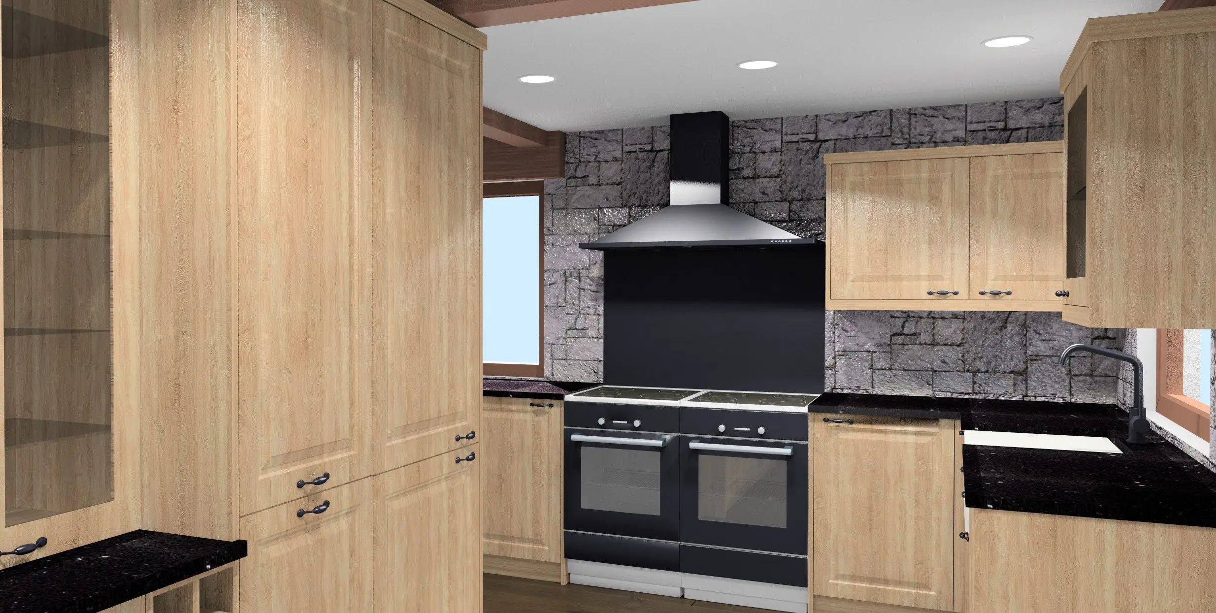 3D design render of hand made solid oak kitchen with shaker style doors and glass display units