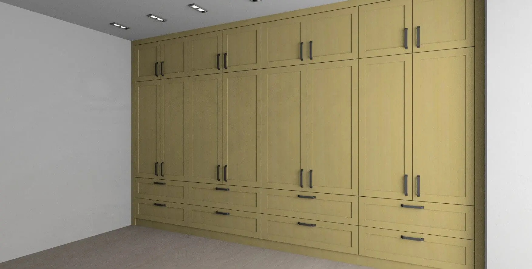 3D design rendering of a bespoke solid oak shaker-style fitted wardrobe with black steel handles by JS DECO.