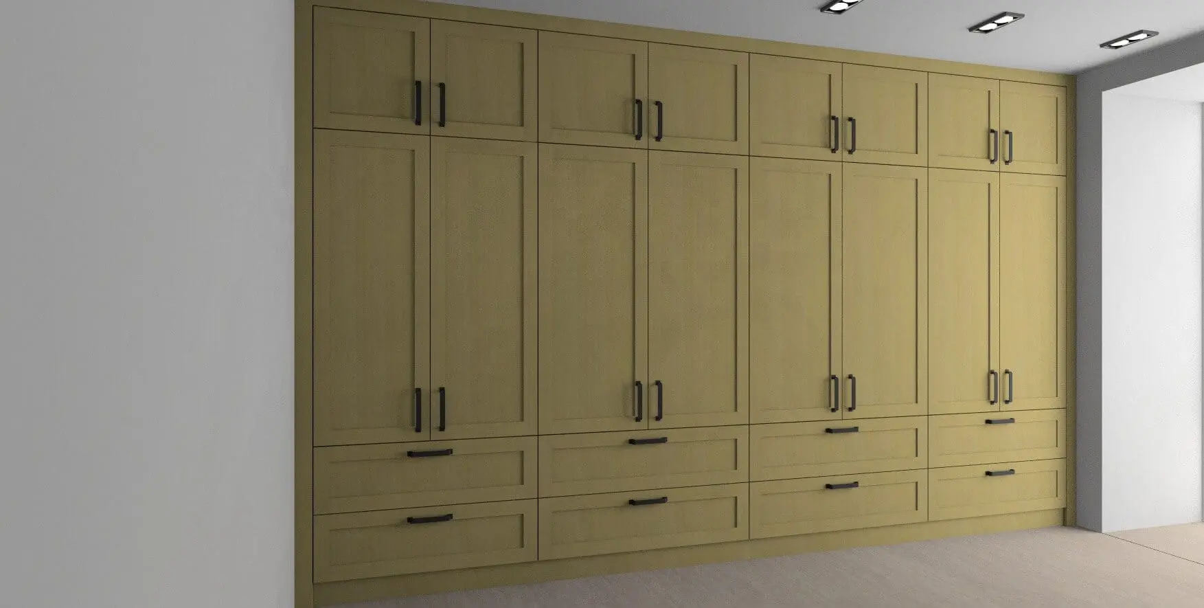 3D render showing an alternative angle of the bespoke solid oak shaker-style fitted wardrobe design by JS DECO.