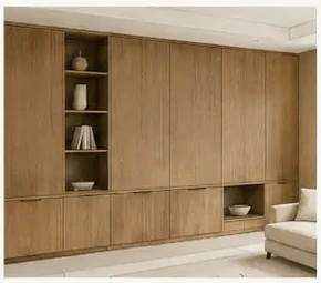 Illustration of a timber-faced furniture wall with cabinets and open shelves.
