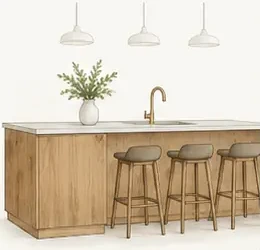 Illustration of a timber-faced kitchen island with seating.