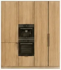 Illustration of tall timber-faced kitchen cabinets with integrated ovens.