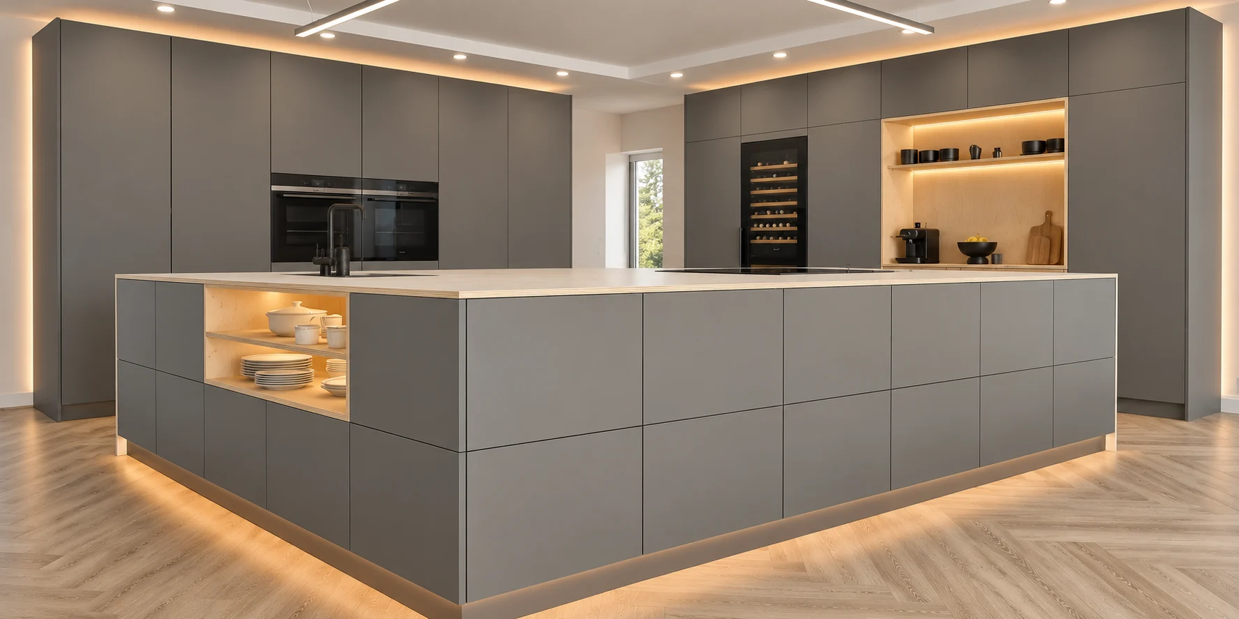 Illustrative kitchen with illuminated plywood niches and island