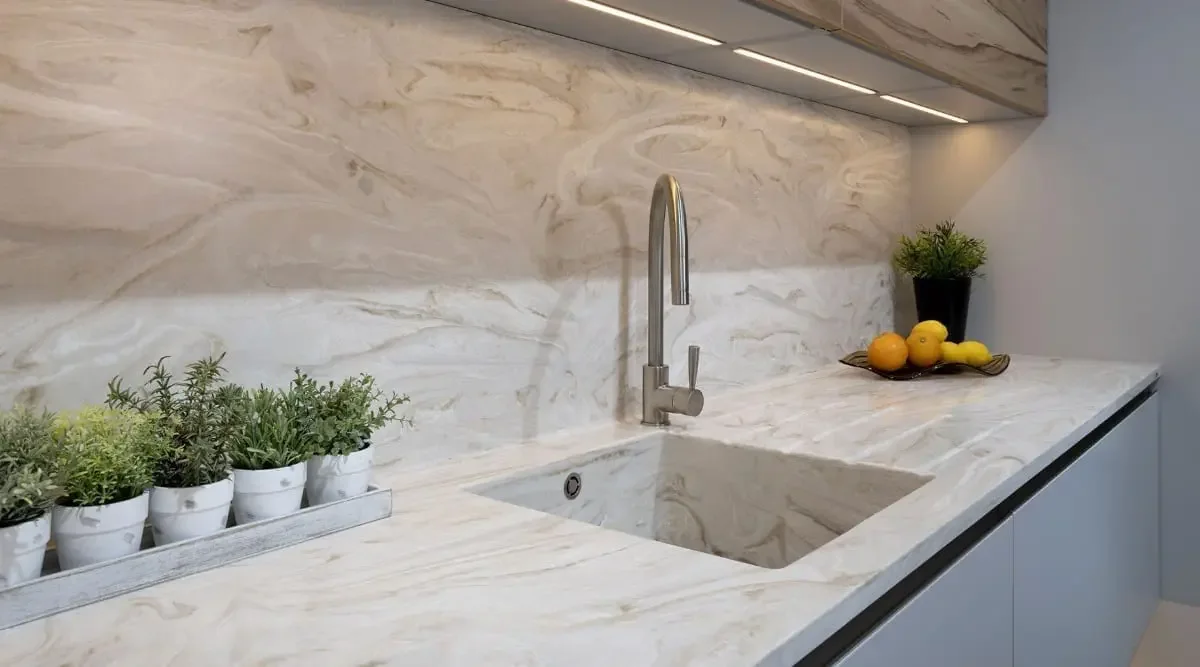 Veined Corian worktop and splashback with an integrated sink and grey base cabinets.
