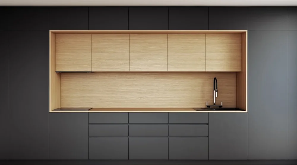 Dark matt FENIX kitchen cabinetry framing a warm timber recess and handleless drawers.