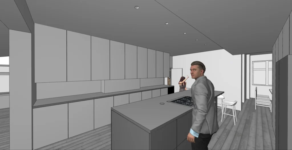 Design visualisation: the island facing the long wall-cabinet run.