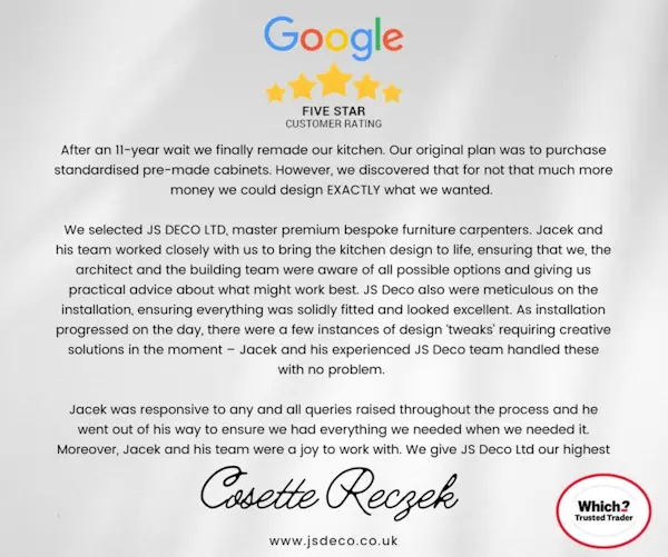 Google five-star review for JS DECO Google five-star review for JS DECO FENIX kitchen project