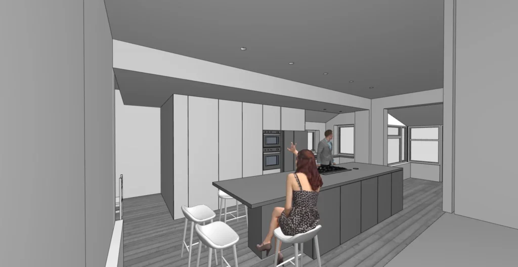Design visualisation: proposed island and tall appliance elevation.
