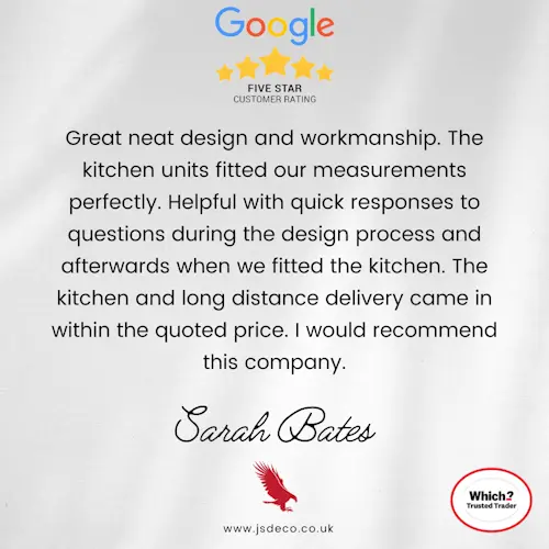 5-Star Client Review Sarah Bates Stroud 5-star Google review for JS Deco bespoke kitchen project in Stroud from customer Sarah Bates with Which Trusted Trader logo