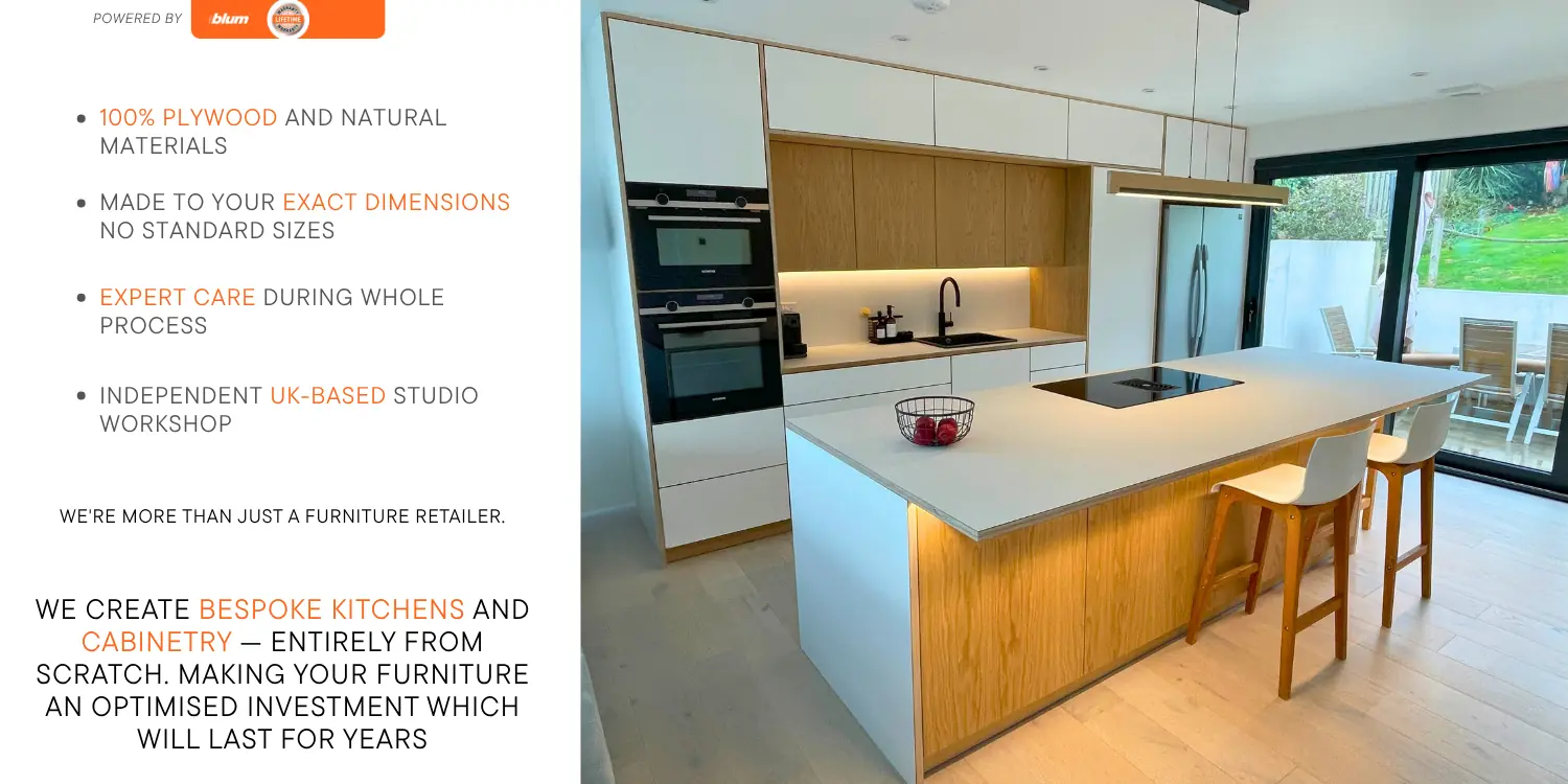 Modern bespoke plywood kitchen with white FENIX doors and exposed birch ply island – handcrafted by JS DECO