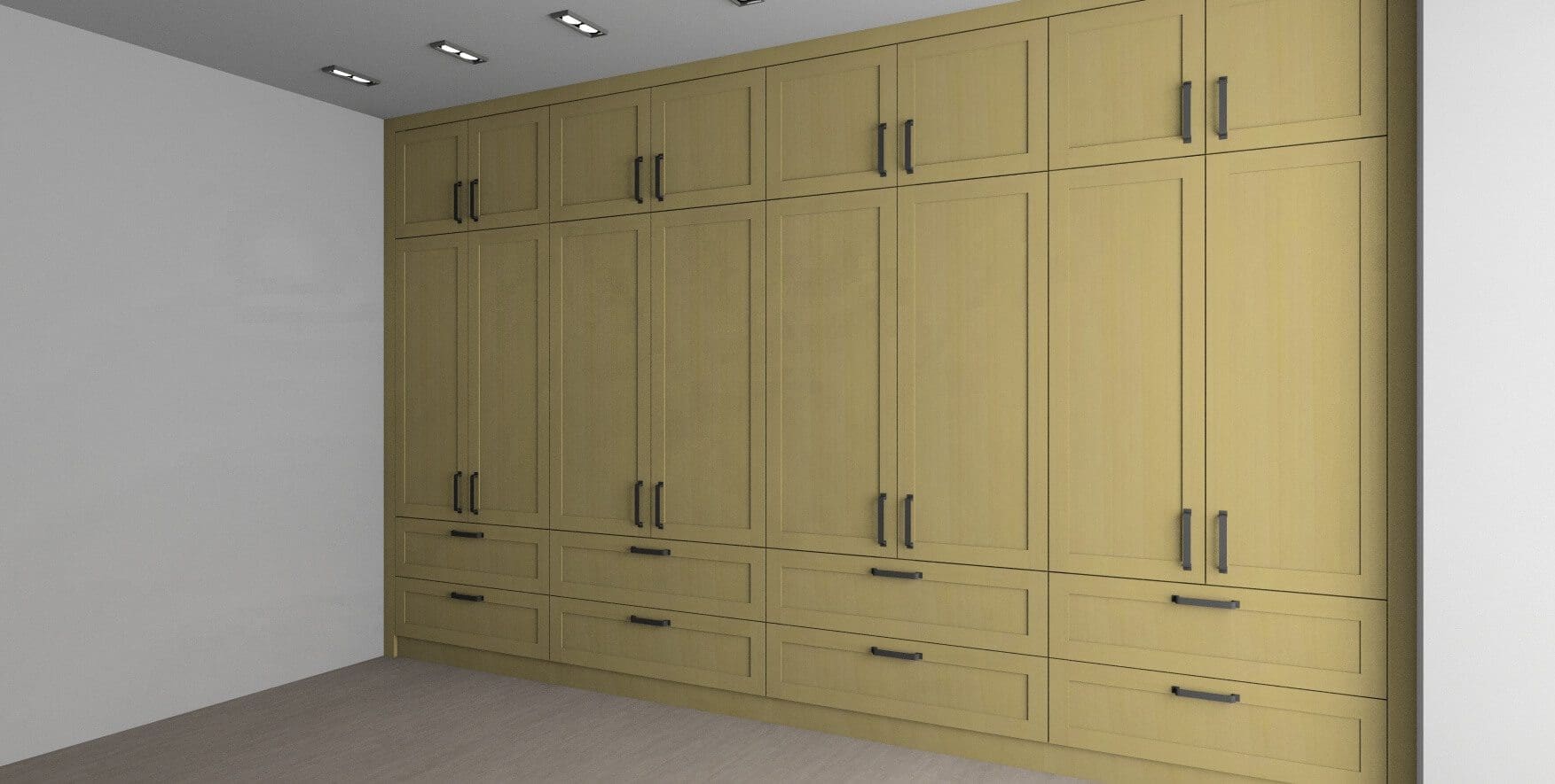 3D design rendering of a bespoke solid oak shaker-style fitted wardrobe with black steel handles by JS DECO.