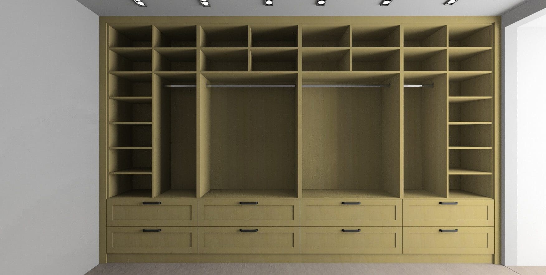 3D rendering of the internal layout of a bespoke solid oak fitted wardrobe with shelving, hanging rails and drawer sections by JS DECO.