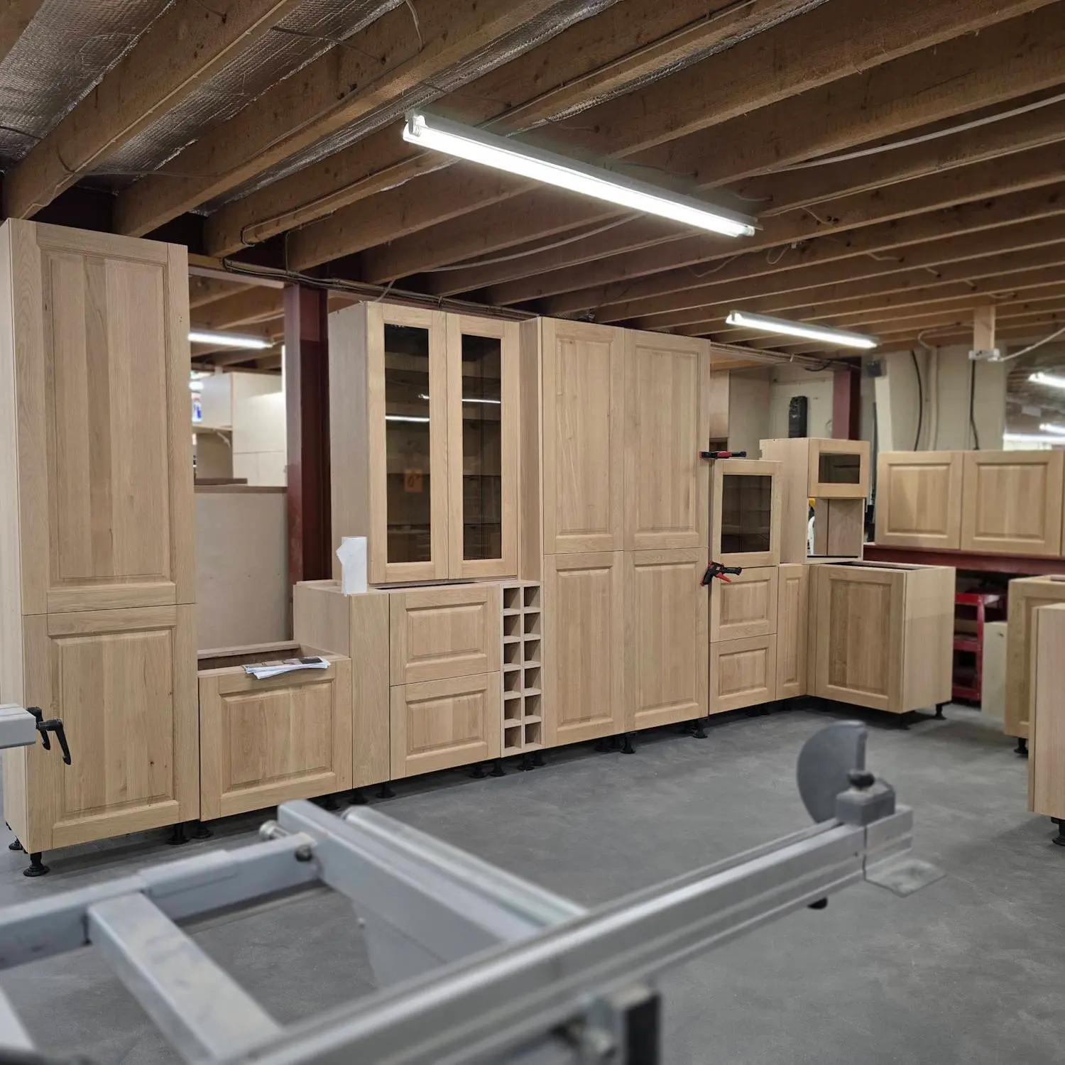Bespoke oak kitchen cabinets being assembled in the JS DECO workshop in Wakefield