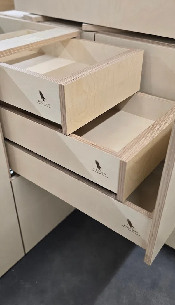 Extra-large birch plywood kitchen carcasses with deep storage drawers bespoke cabinetry