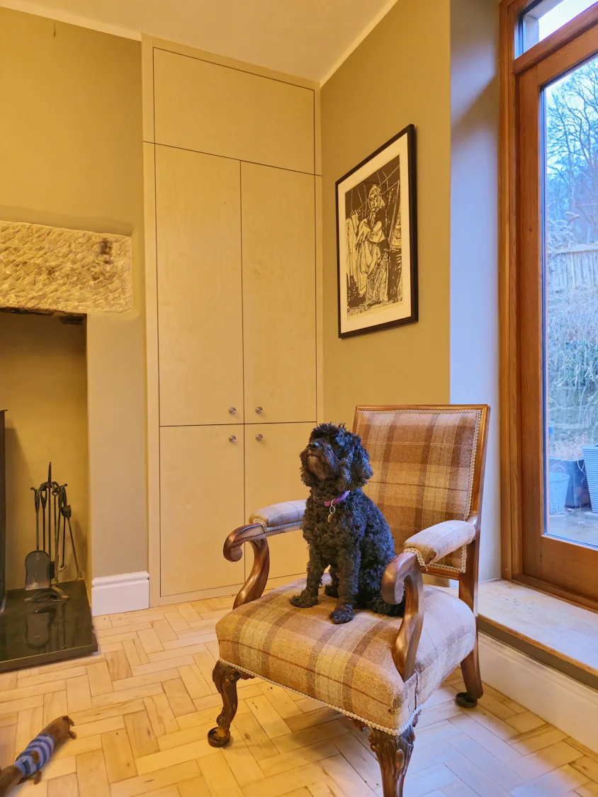 Bespoke plywood washing machine alcove in Matlock Bespoke plywood alcove with integrated washing machine and storage in Matlock Derbyshire utility kitchen area